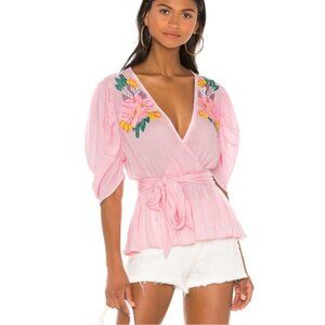 Cleobella Sienna Embroidered Pink Faux Wrap Top